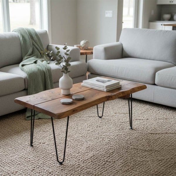 Live Edge Coffee Table - Hairpin Legs | Faux Living Edge Side Table | Reclaimed Wood coffee | Waney Edge Living Room Tables