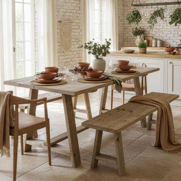 Farmhouse Kitchen Table & Benches | Trestle & Crossbar | Rustic Dining Tables Reclaimed Wood