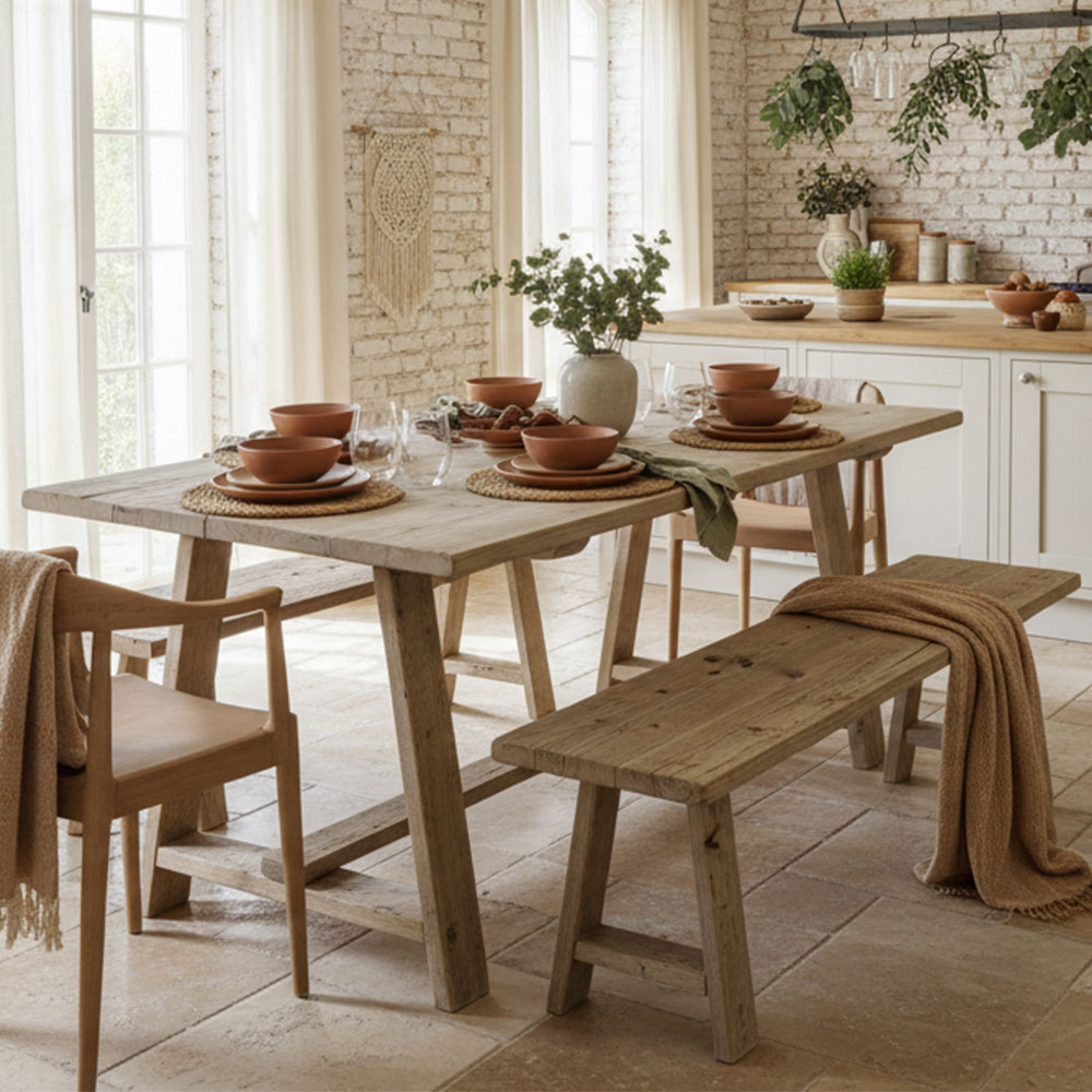 Farmhouse Kitchen Table & Benches | Trestle & Crossbar | Rustic Dining Tables Reclaimed Wood