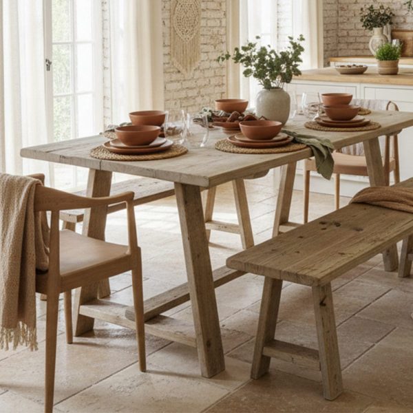 Farmhouse Kitchen Table & Benches | Trestle & Crossbar | Rustic Dining Tables Reclaimed Wood