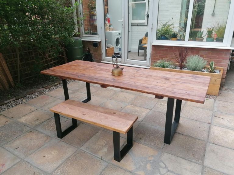 Image showcasing Garden Table and Benches - Industrial Frame | Reclaimed Wood Outdoor ...