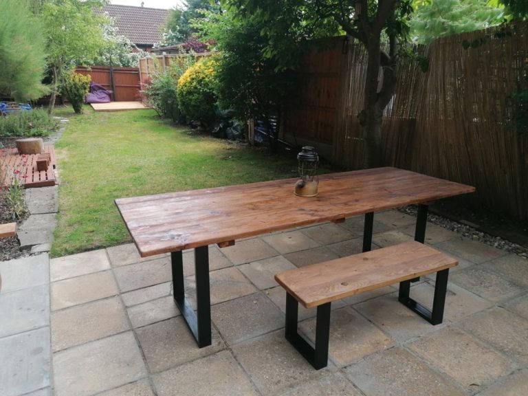 Outdoor Garden Table and Benches - Square Frame | Reclaimed Wood Patio ... - Industrial Urban Reclaimed Wood Outdoor Furniture