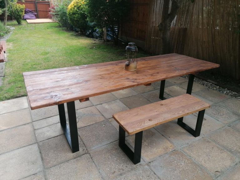 View of Garden Table and Benches - Industrial Frame | Reclaimed Wood Outdoor ...