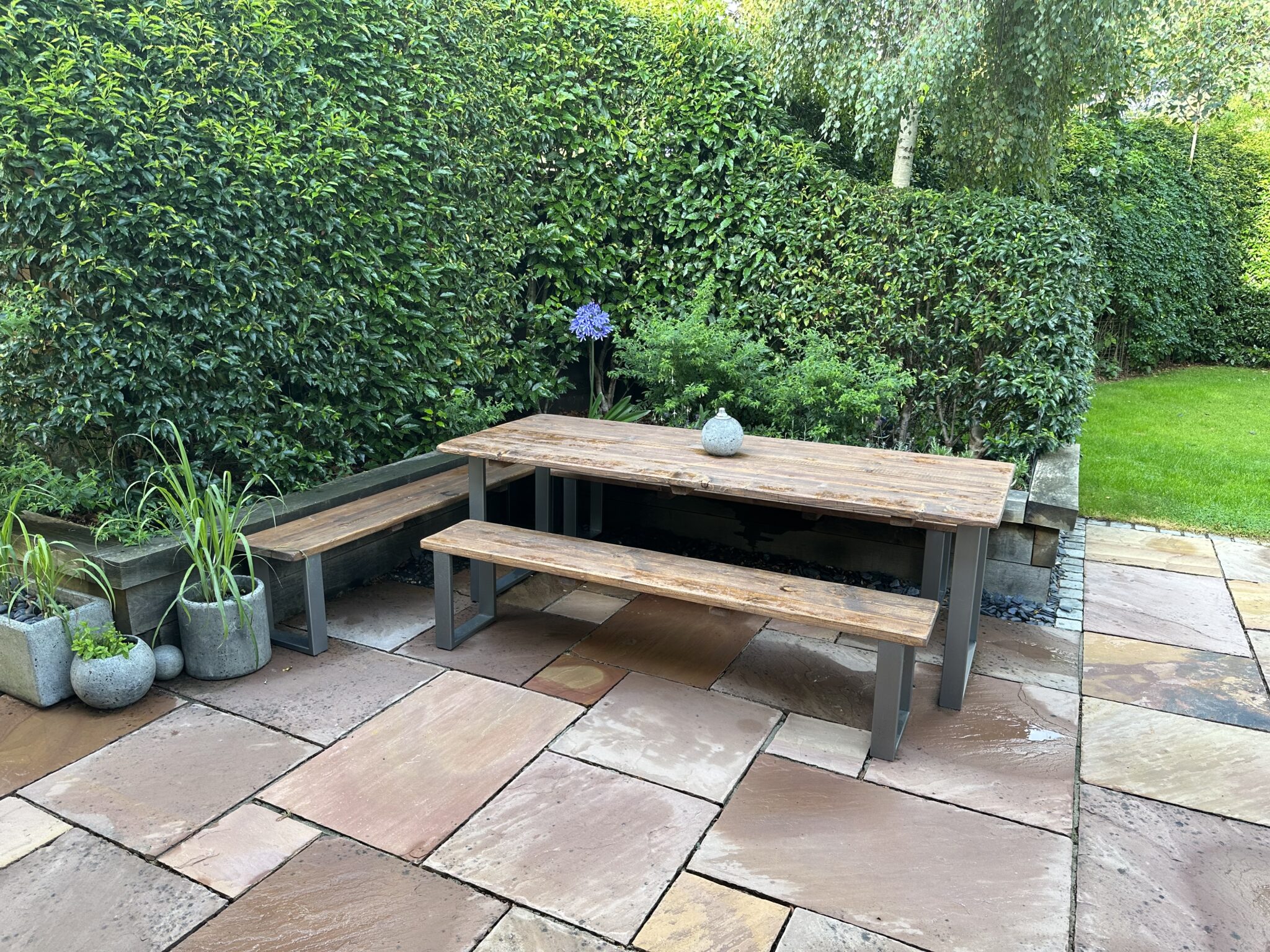 Garden Table and Benches Industrial Frame Reclaimed Wood Outdoor