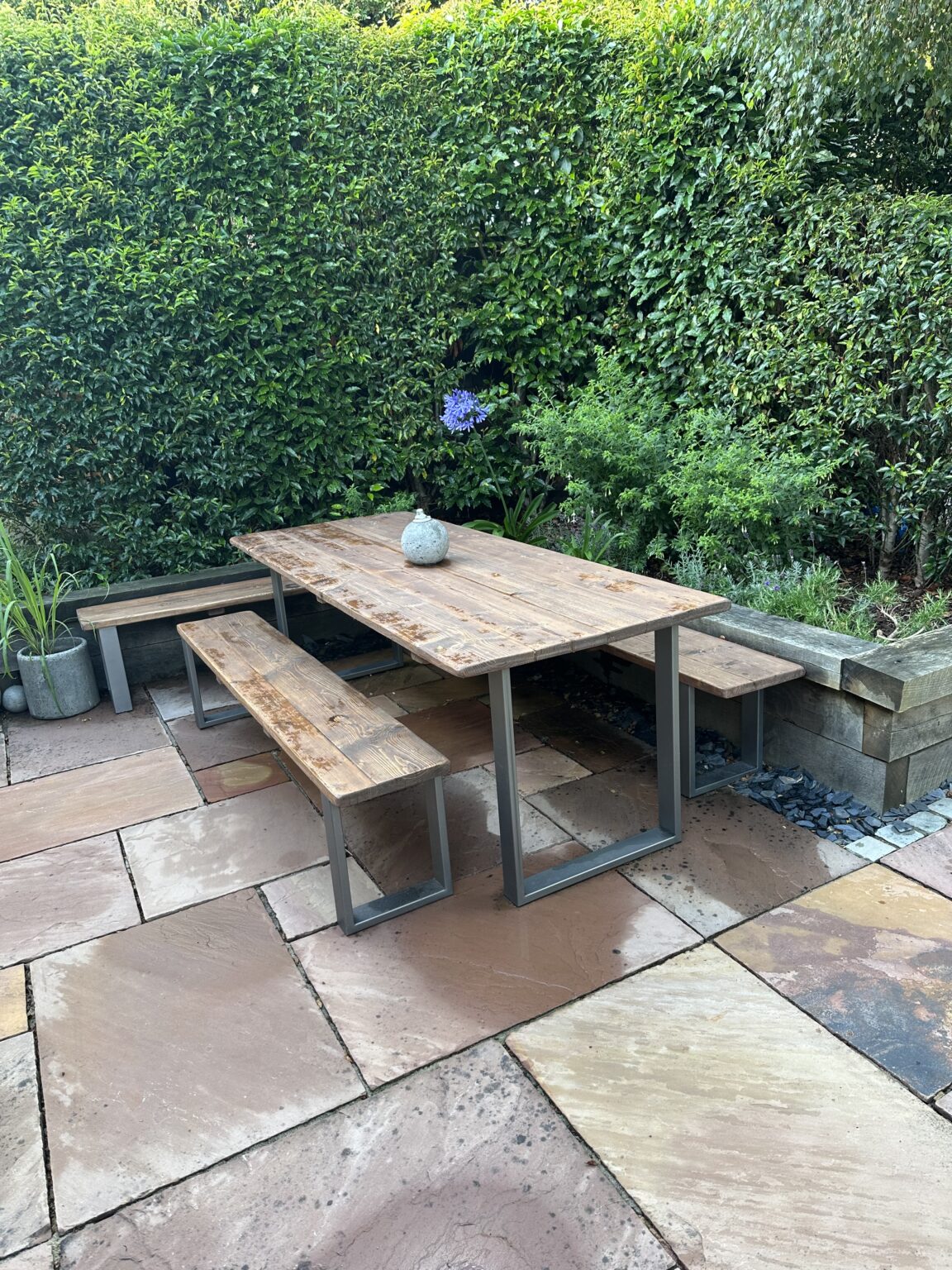 Garden Table and Benches - Industrial Frame | Reclaimed Wood Outdoor ...