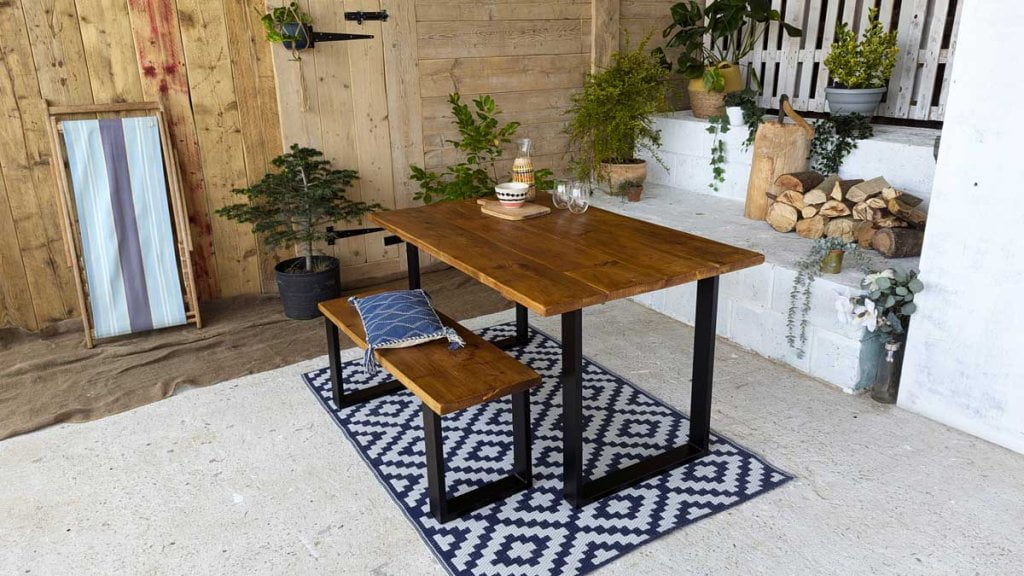 Outdoor Garden Table and Benches - Square Frame | Reclaimed Wood Patio ...