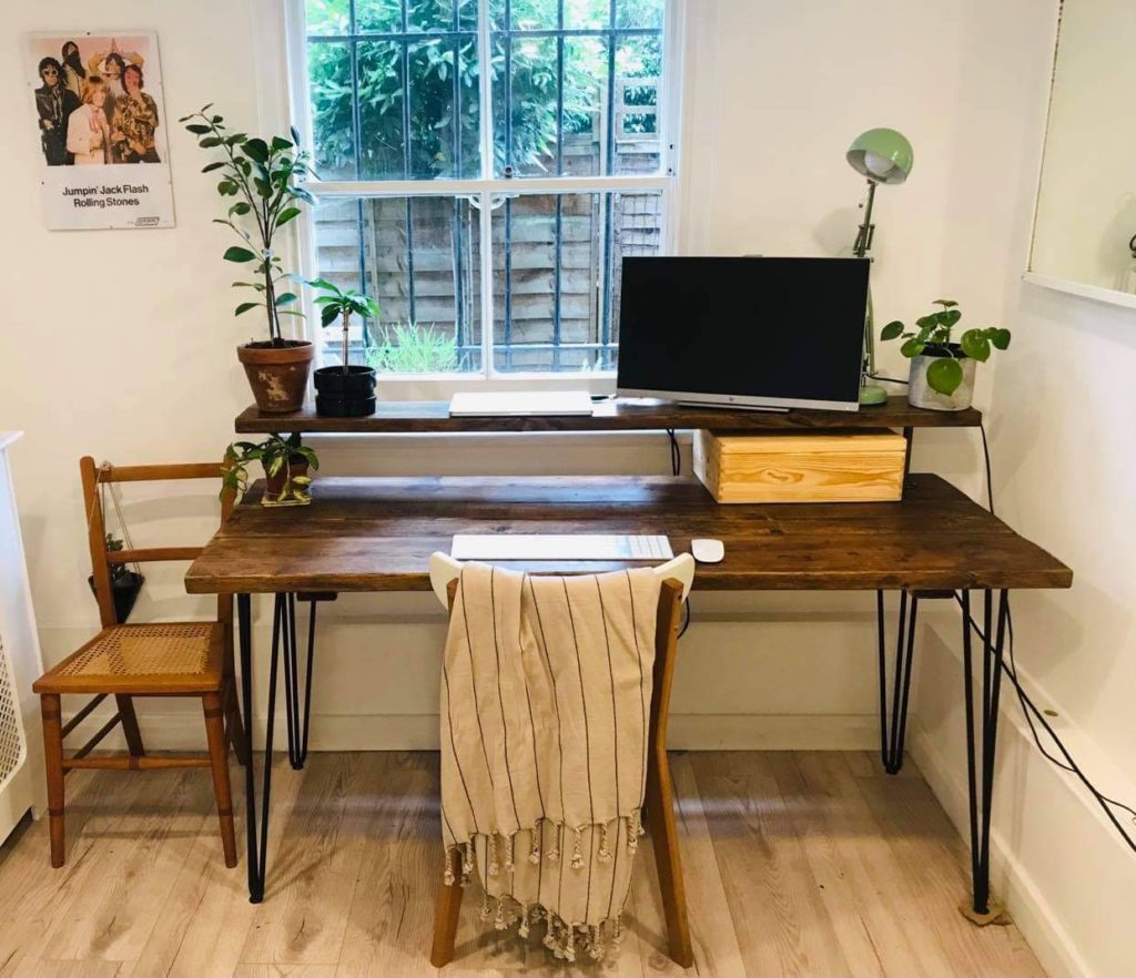 wood and wire bookshelf with desk