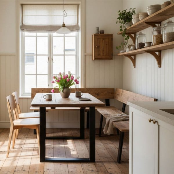 Dining Table Corner Bench - Steel Legs | Reclaimed Wood Dining Corner Benches | L Shaped Seating