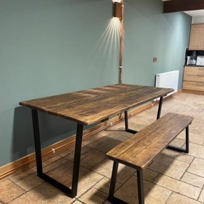Dining Table, Rugger Brown, Black Triangle Bench Set