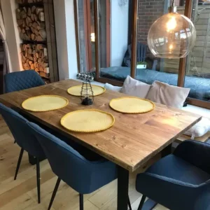 Reclaimed Wood Dining Table - Square Frame | with Rustic Benches